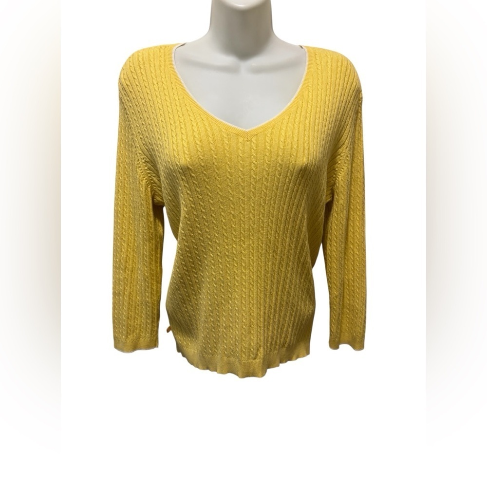 Lauren Ralph Lauren Cable Knit 100% Cotton V Neck Sweater Sz M Yellow White Trim